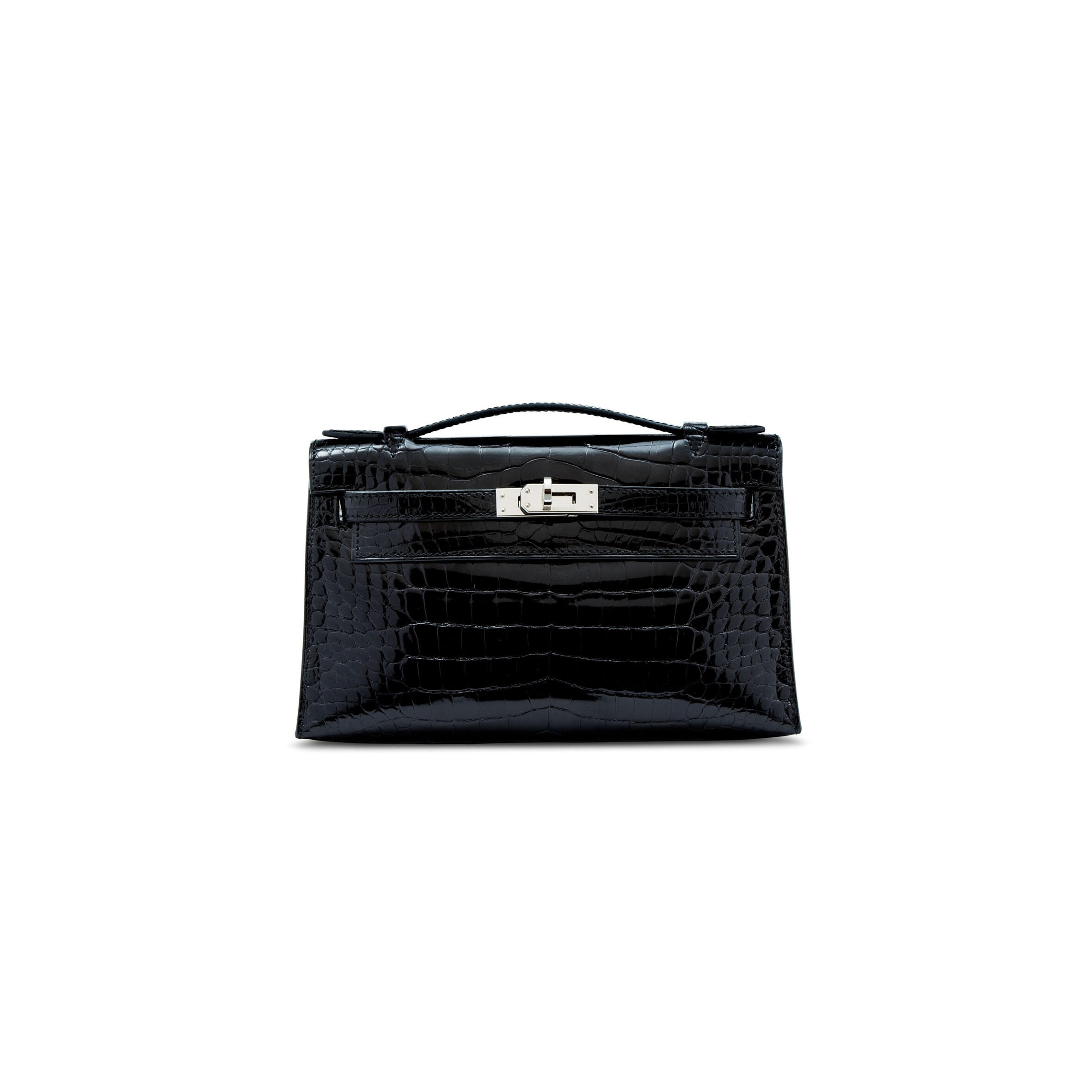 H**mes MASTER BLACK ALLIGATOR KELLY POCHETTE WITH PALLADIUM HARDWARE (22*14*7cm)